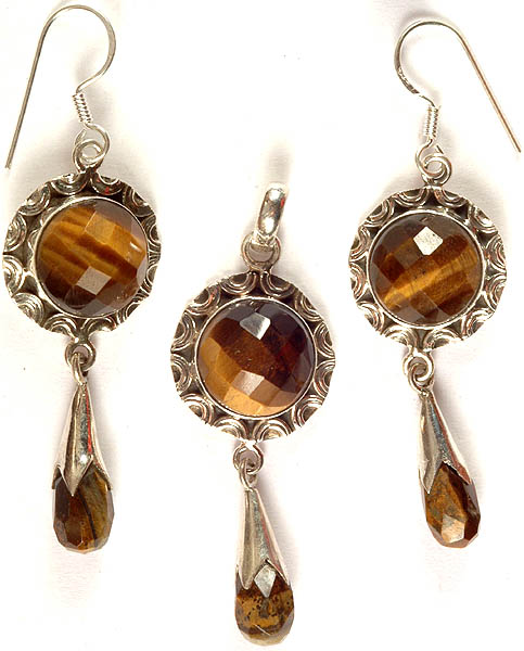 Faceted Tiger Eye Pendant with Earrings Set