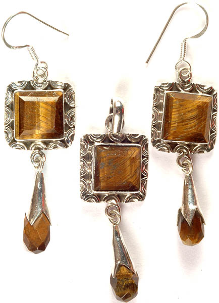 Faceted Tiger Eye Pendant with Earrings Set