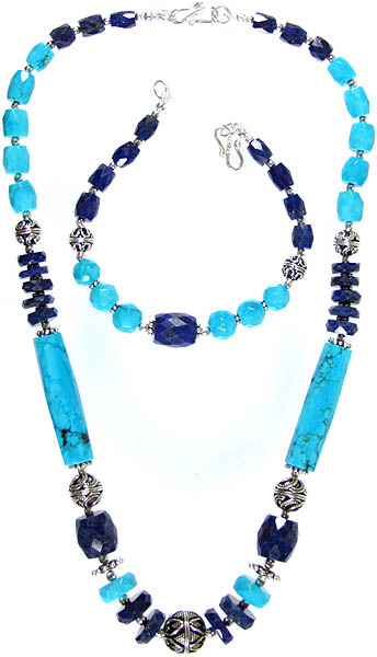 Faceted Turquoise and Lapis Lazuli Necklace with Bracelet Set