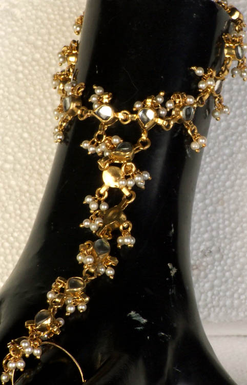 Faux Pearl Kundan Slave Bracelet with Glass Beads