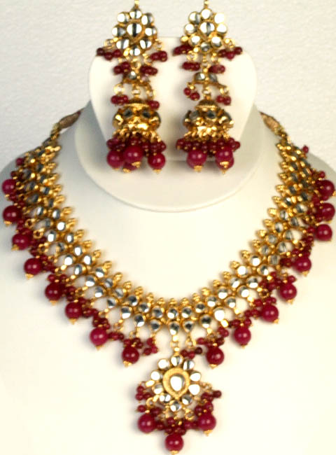 Faux Ruby Bridal Kundan Necklace Set with Chandelier Earrings