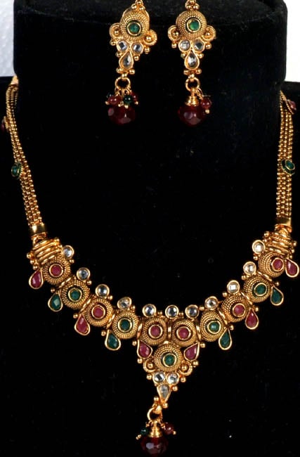 Faux Ruby Emerald Polki Necklace and Earrings Set with Cut Glass