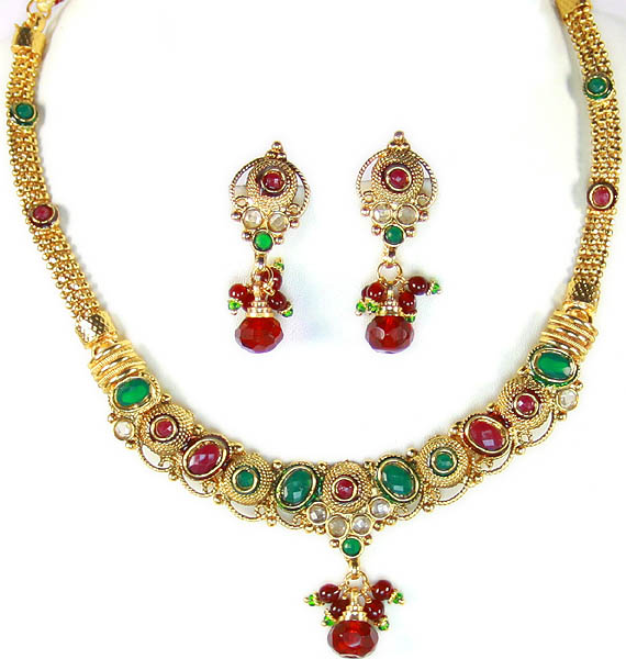 Faux Ruby Emerald Polki Necklace and Earrings Set with Cut Glass