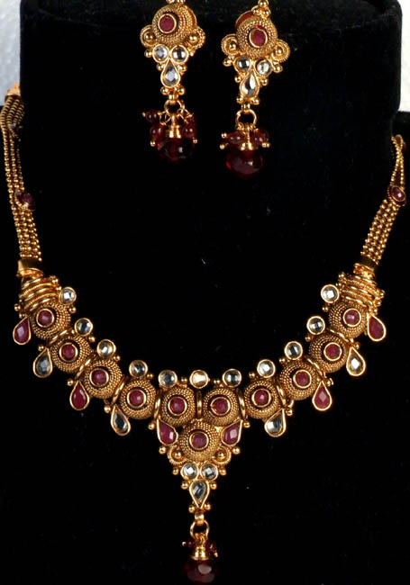 Faux Ruby Polki Necklace and Earrings Set with Cut Glass