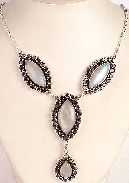 Fiery Rainbow Moonstone Necklace with Iolite