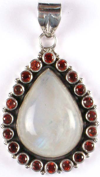 Fiery Rainbow Moonstone Surrounded By Faceted Garnet