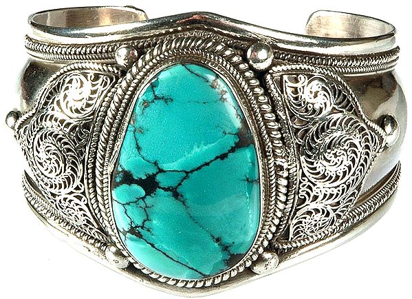 Filigree Cuff Bangle with Central Large Turquoise