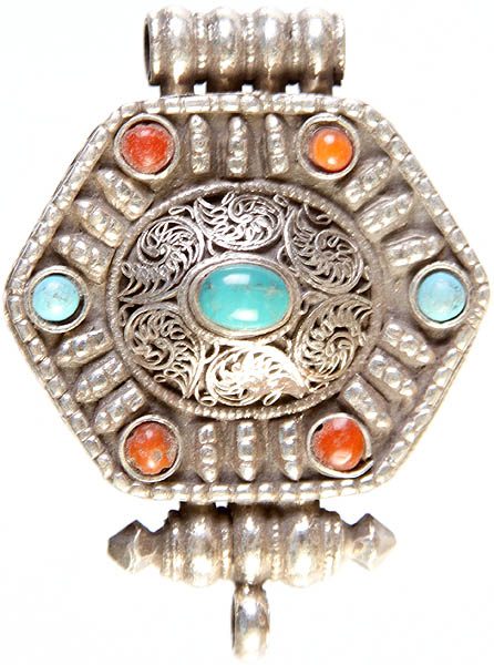 Filigree Gau Box Gemstone Pendant (Coral and Turquoise)