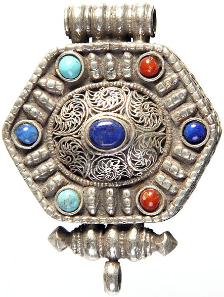 Filigree Gau Box Gemstone Pendant (Coral, Lapis lazuli and Turquoise)