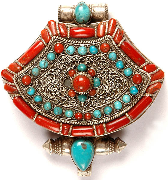 Filigree Gau Box Pendant with Coral and Turquoise
