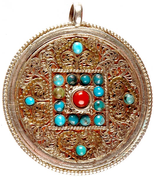 Filigree Nepalese Double-sided Pendant with Coral and Turquoise