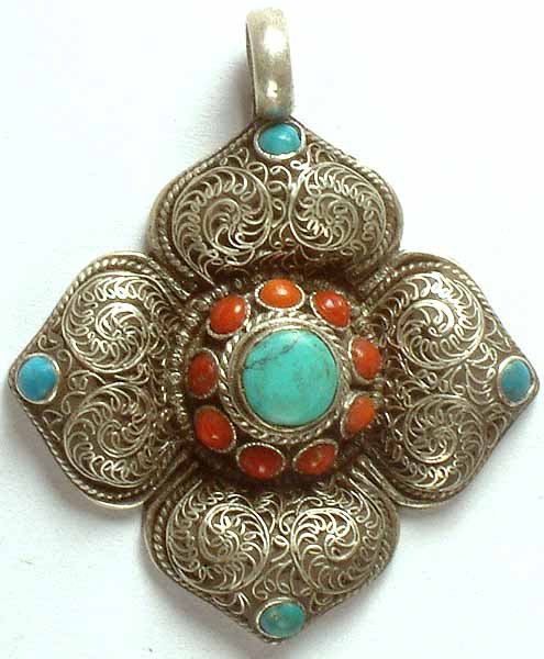 Filigree Pendant with Turquoise & Coral