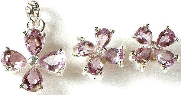 Fine Cut Amethyst Flower Pendant with Earrings Set