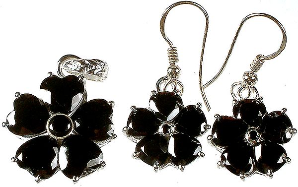 Fine Cut Black Onyx Valentine Pendant with Matching Earrings Set