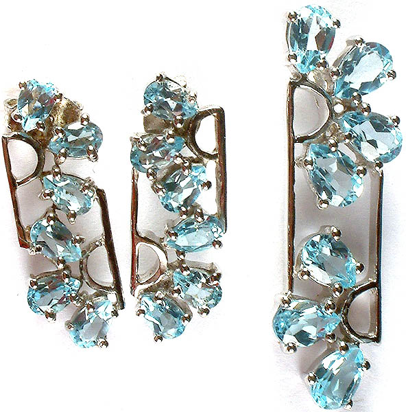 Fine Cut Blue Topaz Designer Pendant with Matching Earrings Set