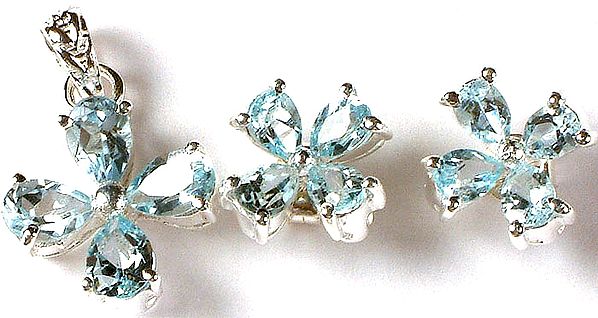 Fine Cut Blue Topaz Flower Pendant with Matching Earrings Set
