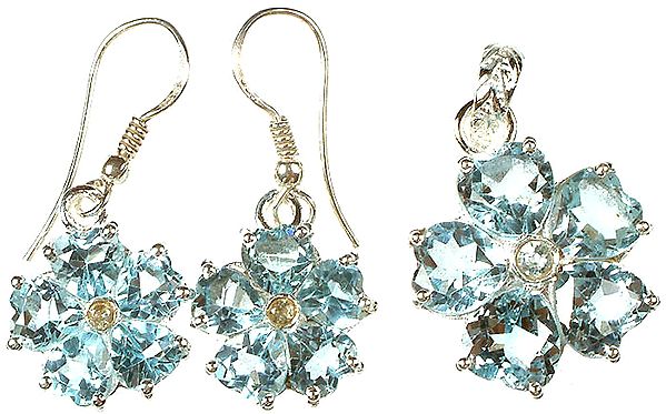 Fine Cut Blue Topaz Pendant with Matching Earrings Set