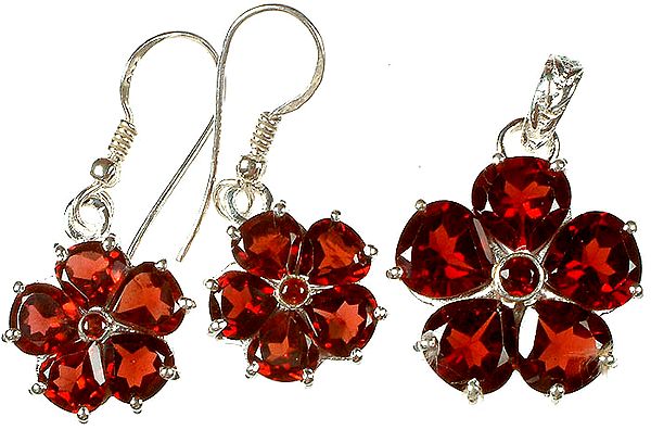 Fine Cut Garnet Flower Pendant with Matching Earrings Set