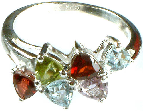 Fine Cut Gemstone Finger Ring (Garnet, Peridot, Blue Topaz and Amethyst)