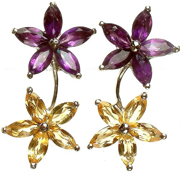 Fine Cut Gemstone Flower Earrings (Amethyst and Citrine)