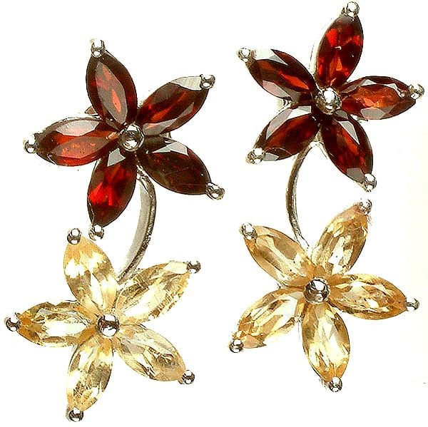Fine Cut Gemstone Flower Earrings (Garnet and Citrine)