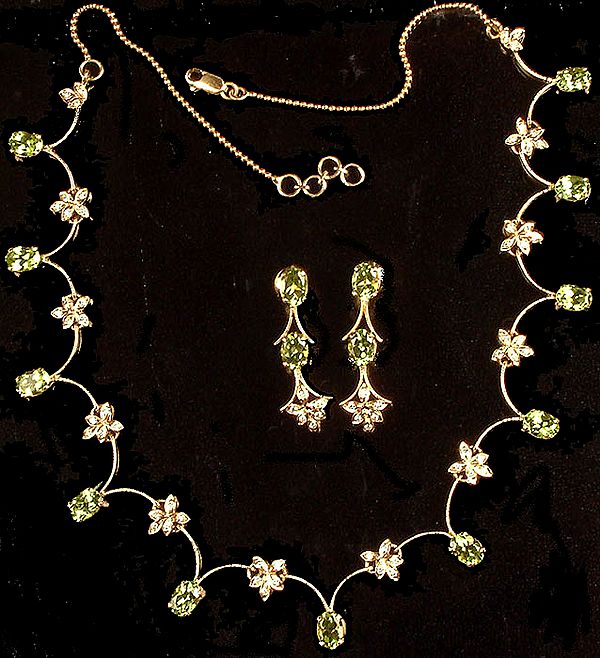 Fine Cut Peridot and Diamond Necklace with Earrings