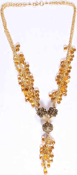 Fine Faceted Citrine Drops Gold Plated Beaded Necklace with Charms