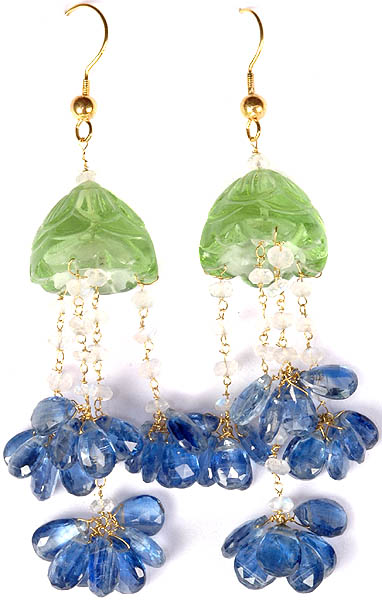 Finely Carved Peridot Umbrella Chandeliers with Kyanite and Rainbow Moonstone