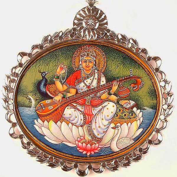 Finely Painted Goddess Saraswati Pendant