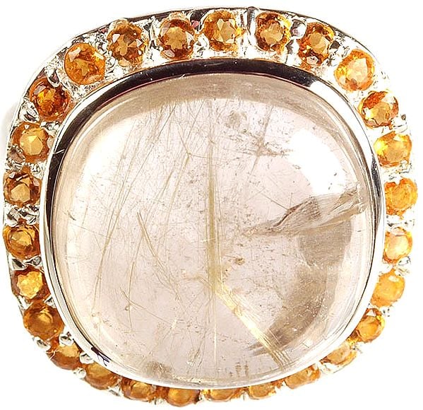 Finger Ring of Rutilated Quartz Surrounded with Faceted Citrine