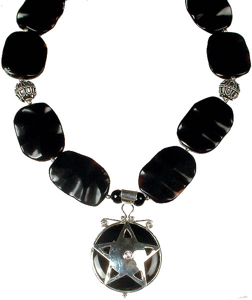 Flat Black Onyx Beaded Necklace with Central Double Triangles (Symbol of Vajrayogini) Pendant