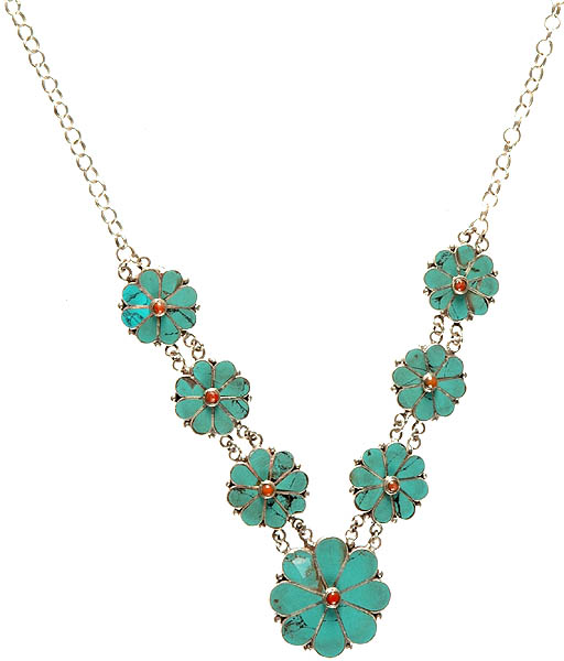 Flower Necklace with Inlay Turquoise and Coral