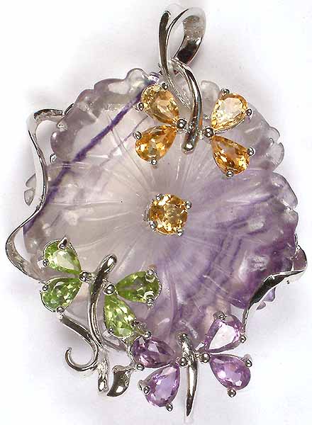 Fluorite Carved Flower with Faceted Gemstone Butterflies