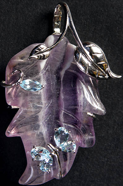 Fluorite Carved Leaf with Faceted Blue Topaz