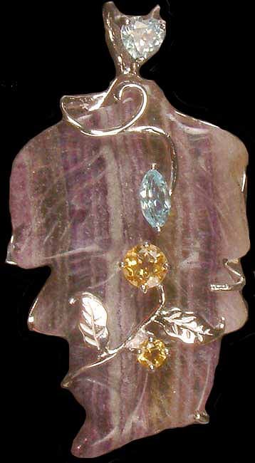 Fluorite Carved Leaf with Faceted Gemstones (BT and Citrine)