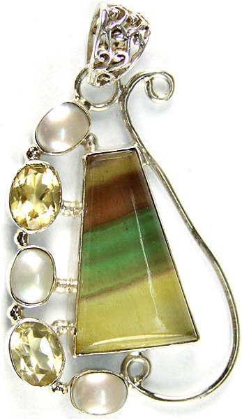 Fluorite Pendant with Pearl and Faceted Lemon Topaz