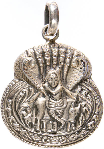Fluting Krishna Pendant with His Cow in the Backdrop of Sheshnag