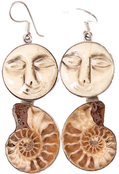 Fossil Earrings with Carved Face