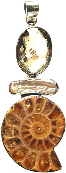 Fossil Pendant with Faceted Lemon Topaz and Pearl