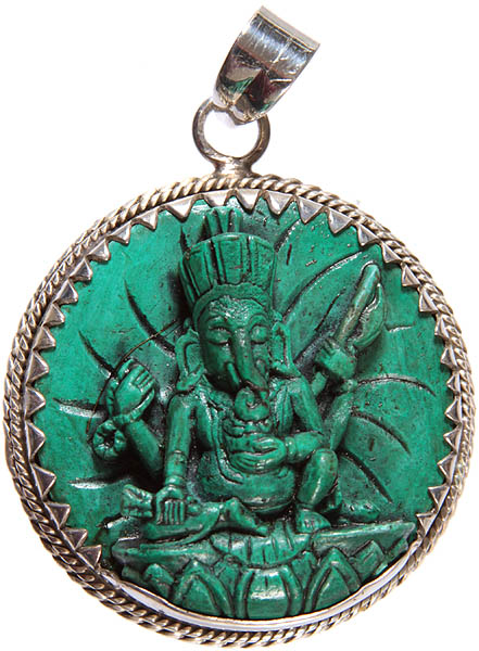 Four Armed Turbaned Ganesha Pendant (Carved in Stone)
