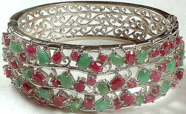 Four Layer Faceted Ruby & Emerald Bangle