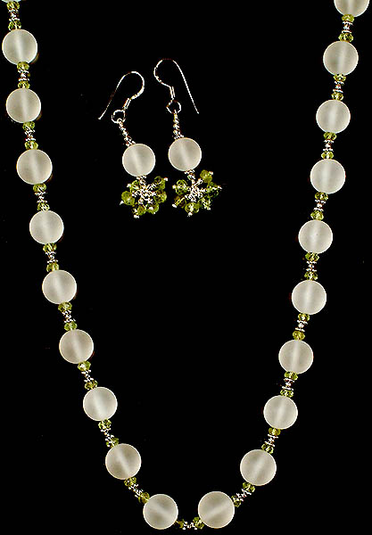Frosted Crystal and Peridot Necklace and Earrings Set