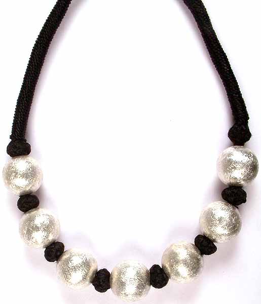 Frosted Sterling Balls Necklace with Black Cord
