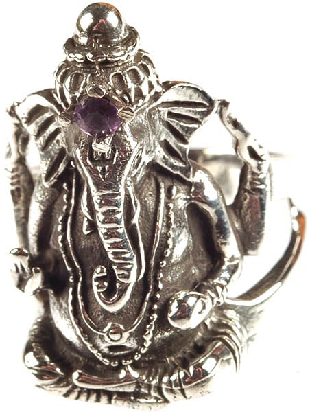 Ganesha Finger Ring with Amethyst on Crest