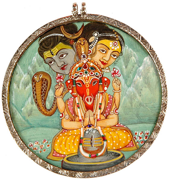Ganesha Offering Prayer to Shiva Linga and Shiva Parvati Bless Him