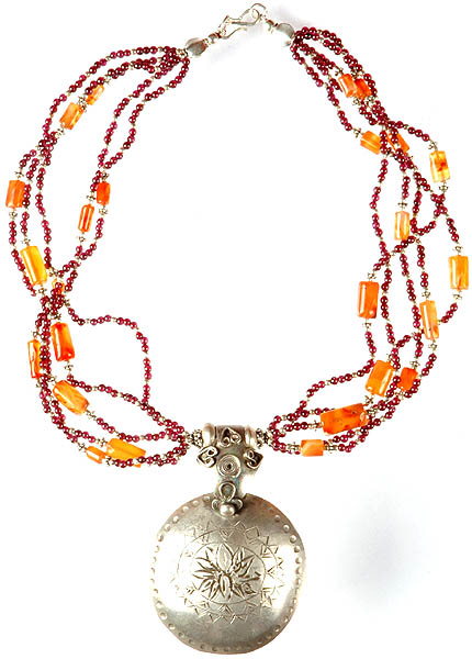 Garnet and Carnelian Beaded Necklace with Lotus Pendant