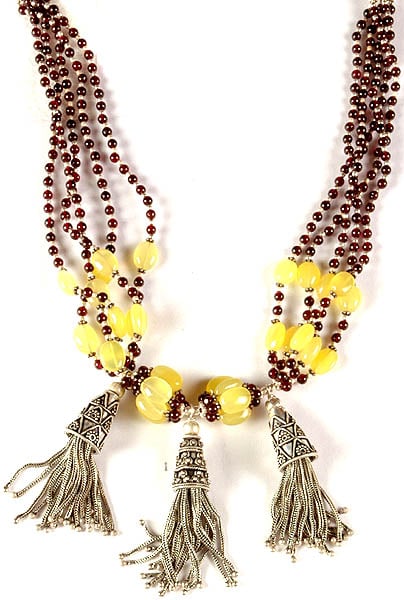 Garnet and Yellow Chalcedony Beaded Necklace with Sterling Showers