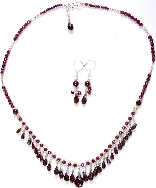 Garnet Beaded Necklace with Earrings Set