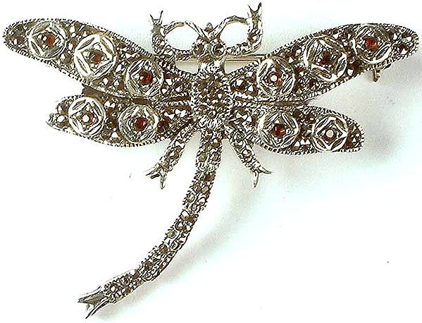 Garnet Butter Dragonfly Brooch with Marcasite