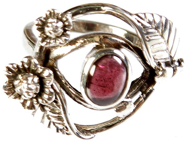 Garnet Ring with Twin Blooming Flowers